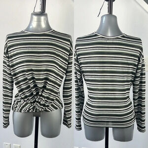 Striped Long-Sleeve Twist Hem Top in Olive/Gray